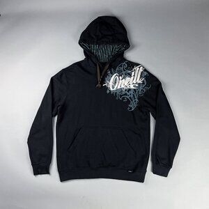 Vintage O'Neil Hoodie, 90's Black Pullover Fleece Sweatshirt with Gothic Graphic